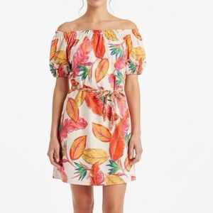 Nine West Off Shoulder Short Puff Sleeve Belted Tropical Floral Print Dress M